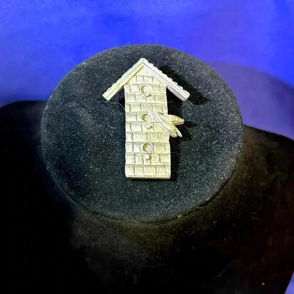 Genuine Pewter Birdhouse Bird Pin 1996 Barker Marked